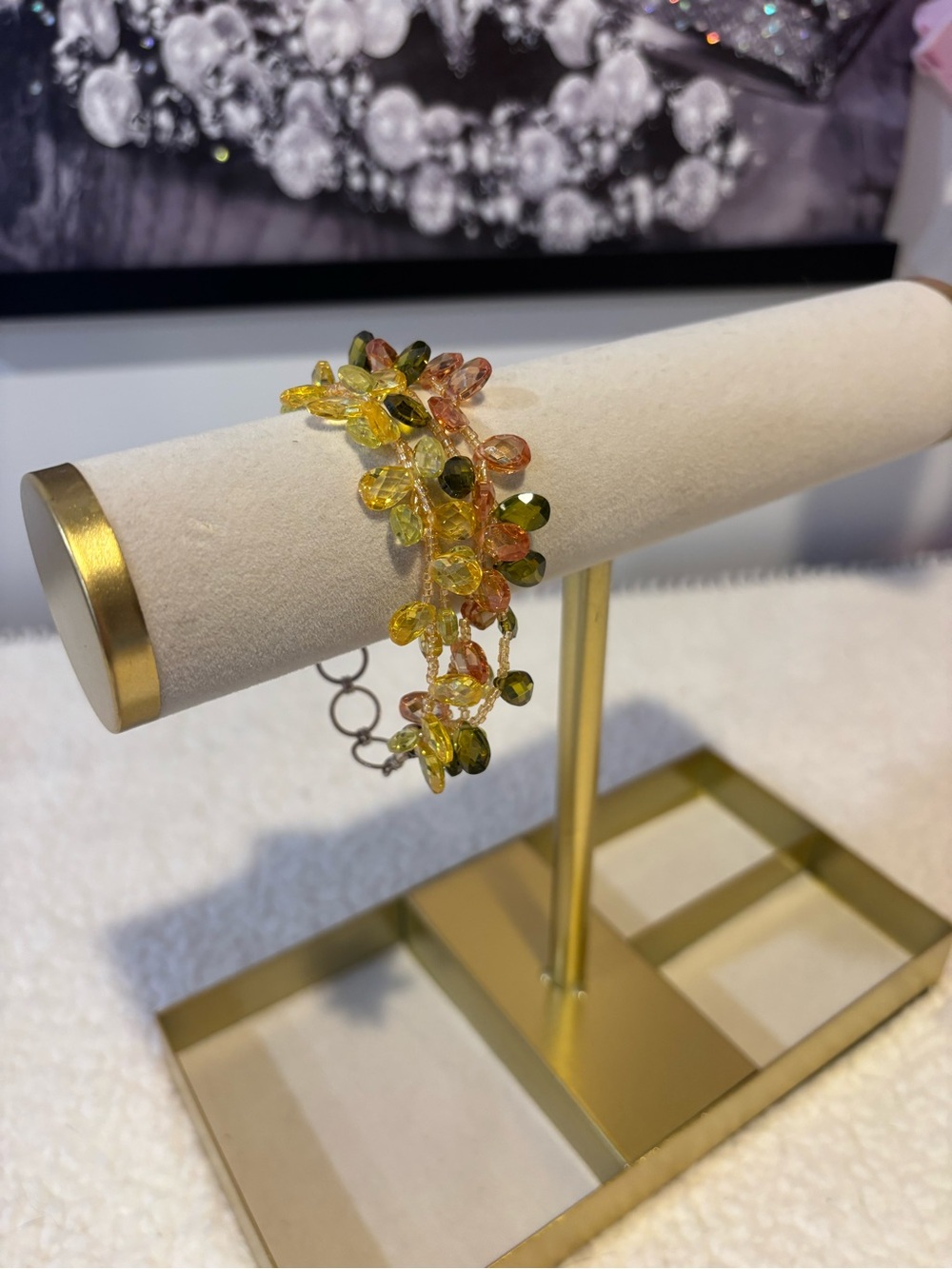 Yellow & Olive Glass Bead Cluster Bracelet - Feminine Beaded Accent